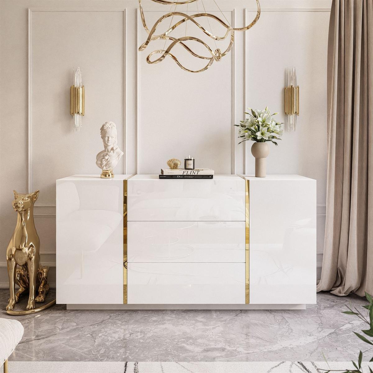 SIDEBOARD MIT SCHUBLADEN ONYX HOCHGLANZ 158 CM PUSH OPEN - Weiß, Holzwerkstoff (158/81/41.3cm) - Lookway
