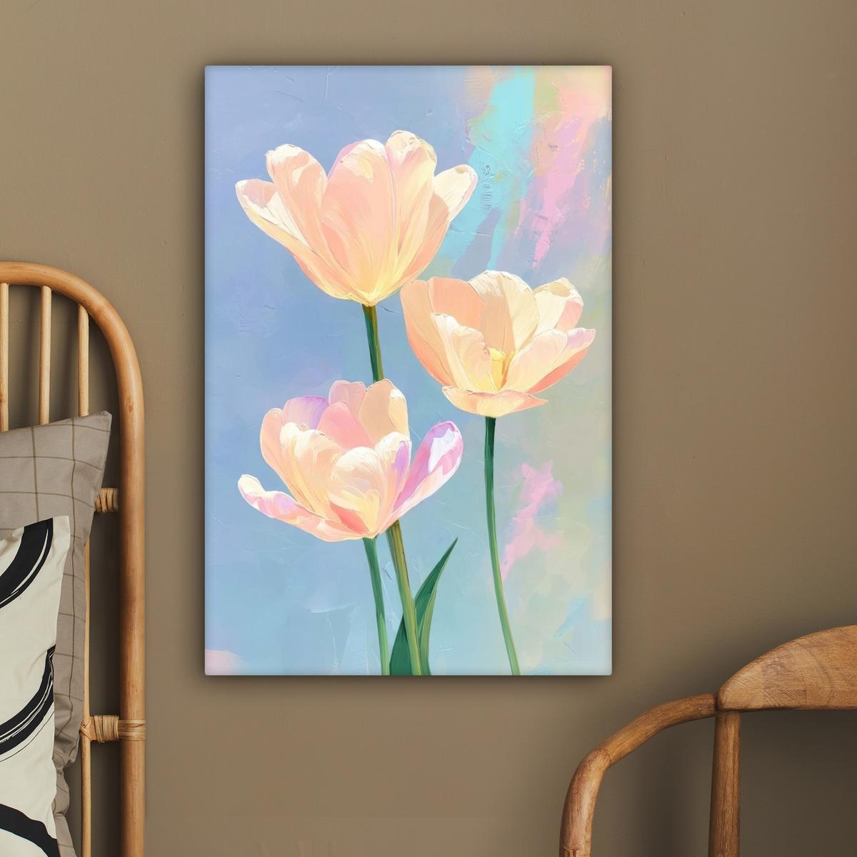 LEINWANDBILD Tulpen - Rosa Akzente - Blau Wanddeko 40x60 cm - Pastellblau, Textil (40/60cm) - MuchoWow