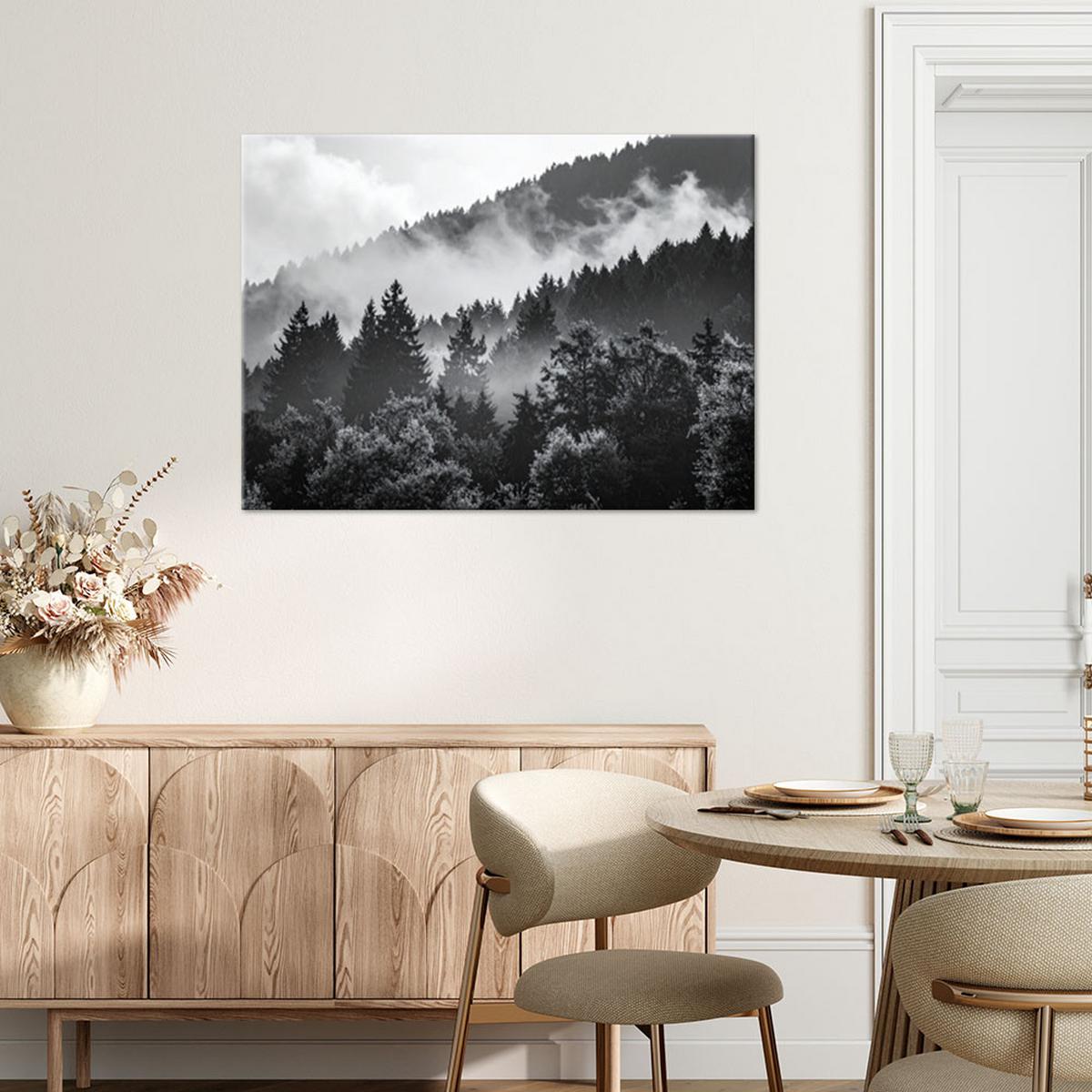 LEINWANDBILD Wald im Nebel schwarz-weiß 100x70cm - Schwarz, Textil (100/70cm) - Feeby
