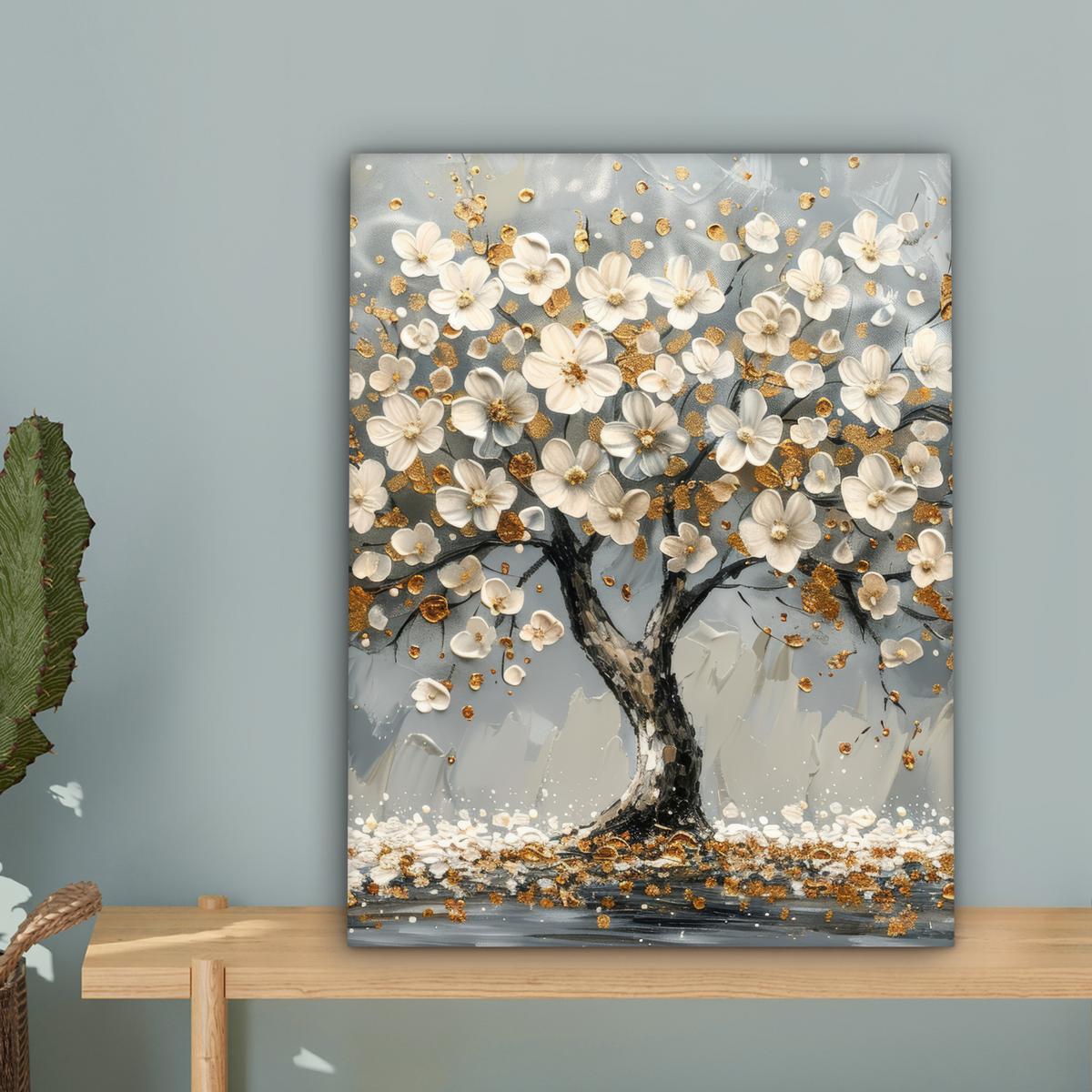 LEINWANDBILD Baum - Blumen - Weiß - Natur - Kunst Room Decor 30x40 cm - Weiß, Textil (30/40cm) - MuchoWow