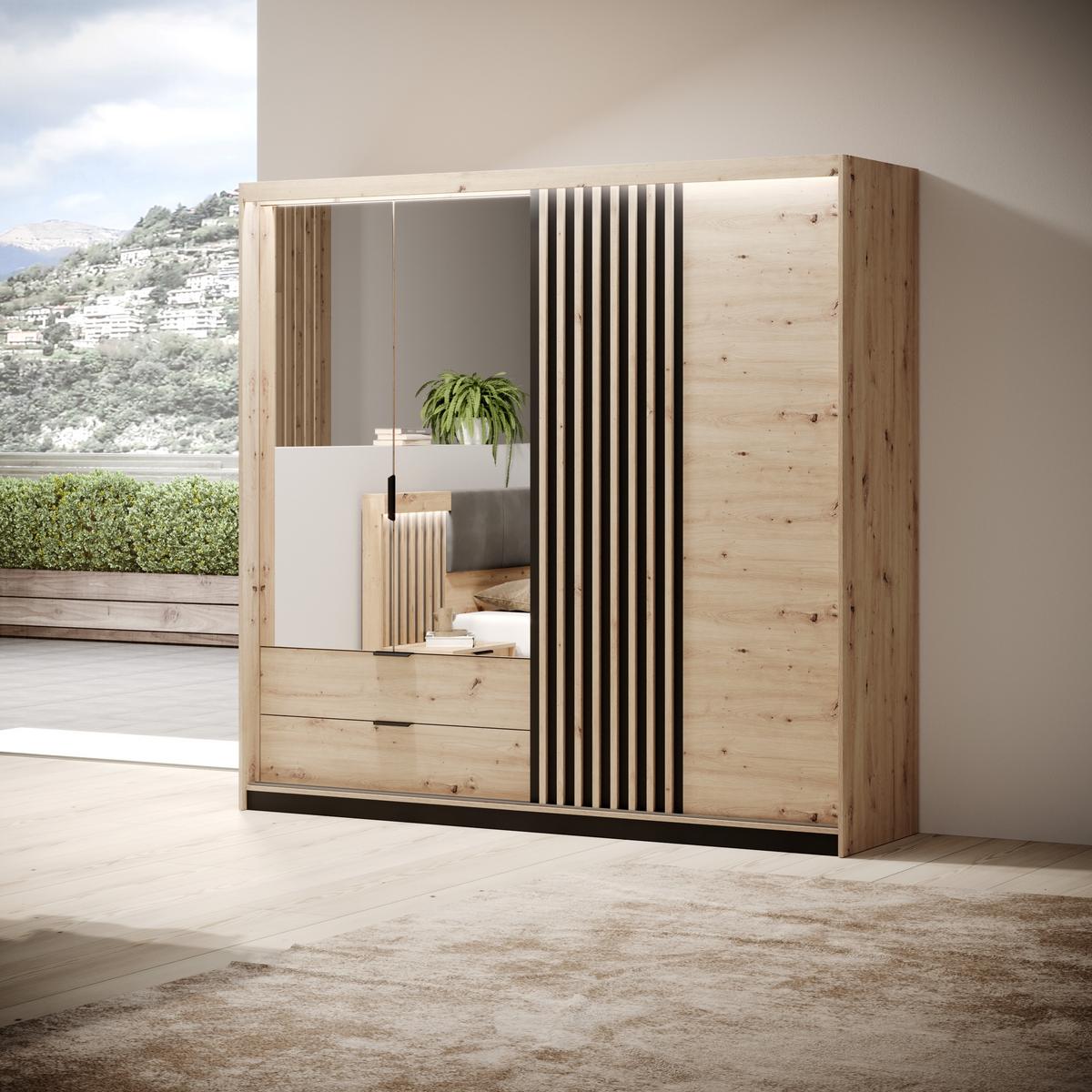 DREHTÜRENSCHRANK TALLINO 220/210,4/60 cm 3-türig mit Spiegel Eiche Artisan - Eiche Artisan, Holzwerkstoff (220/210.4/60cm) - MASSENO
