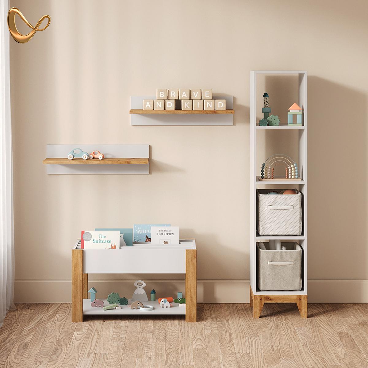 KINDERREGAL Mailo Weiß/Artisan 35.2 x 159.5 cm mit Sitzbank - Weiß/Eiche Artisan, Holzwerkstoff (35.2/159.5/30cm) - Livinity®