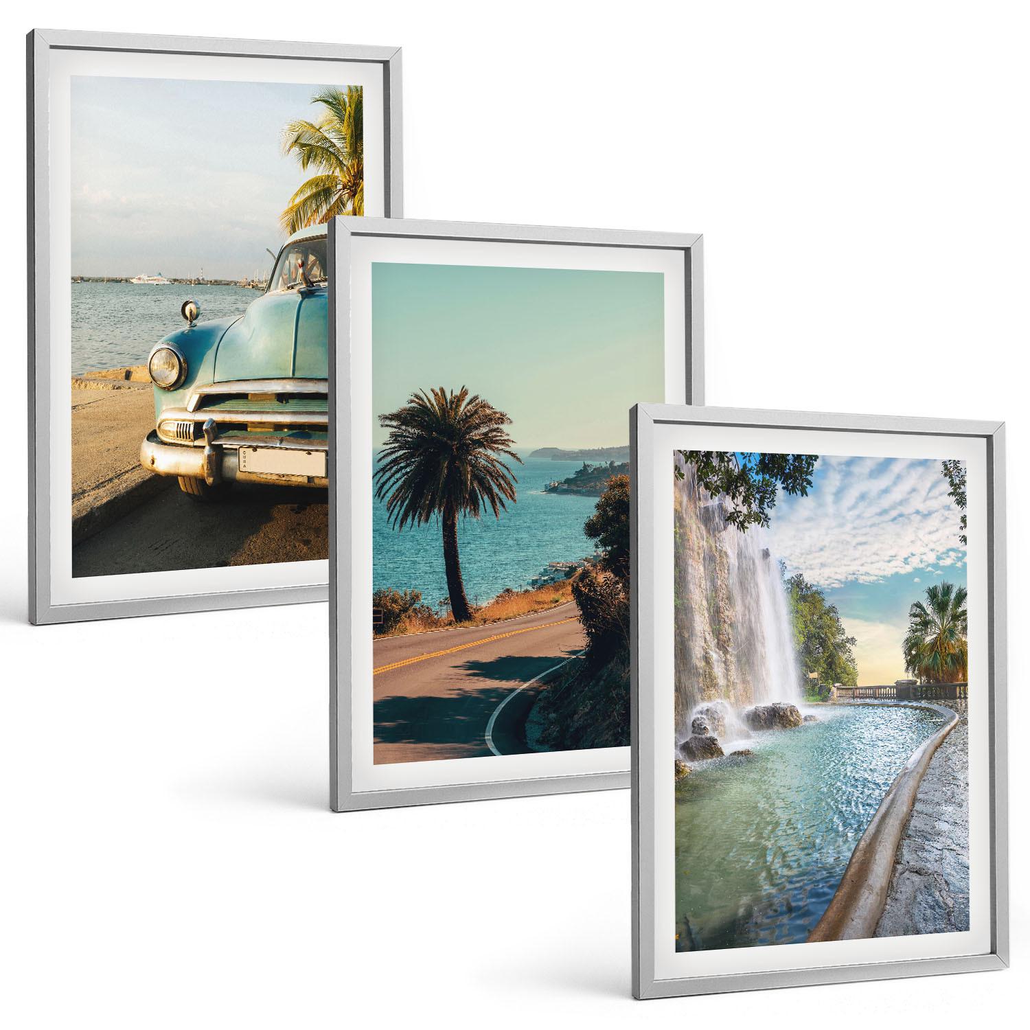 BILDER SET 3er Set - 40x60 cm Silberner Rahmen - Urlaub Palmen Wasserfall - Silberfarben, Kunststoff (40/60cm) - TULUP