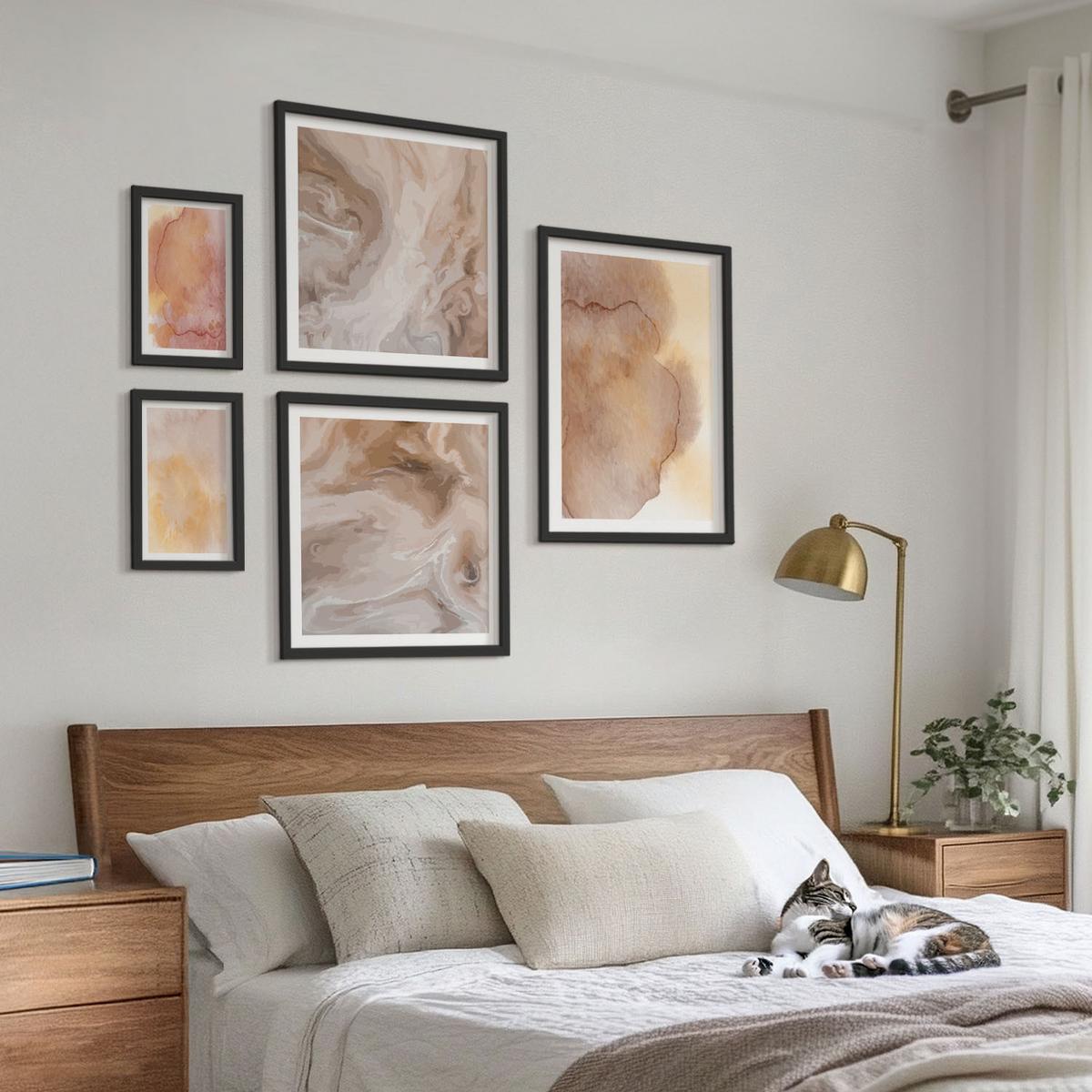 BILDER SET 5er Set - 50x50 cm & 20x30 cm & 40x60 cm Schwarzer Rahmen - Warme Aquarellfarben auf Leinwand - Schwarz, Kunststoff (40/60cm) - TULUP