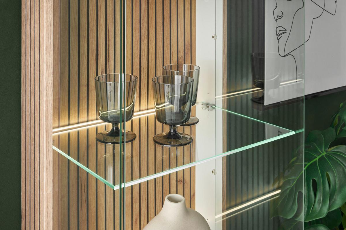 VITRINE weiß matt, Eiche 48 x 180 cm, Glasvitrine mit 5 Fächern und Soft-Close - Eichefarben/Schwarz, Glas/Holzwerkstoff (48/180/38cm) - Furn.Design