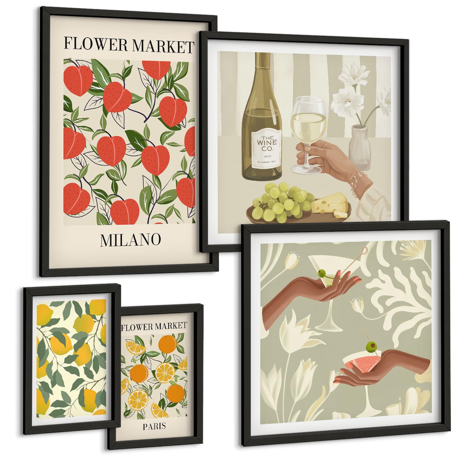 BILDER SET 5er Set - 50x50 cm & 20x30 cm & 40x60 cm Schwarzer Rahmen - Strandmotive, Muscheln, Wellen - Schwarz, Kunststoff (40/60cm) - TULUP