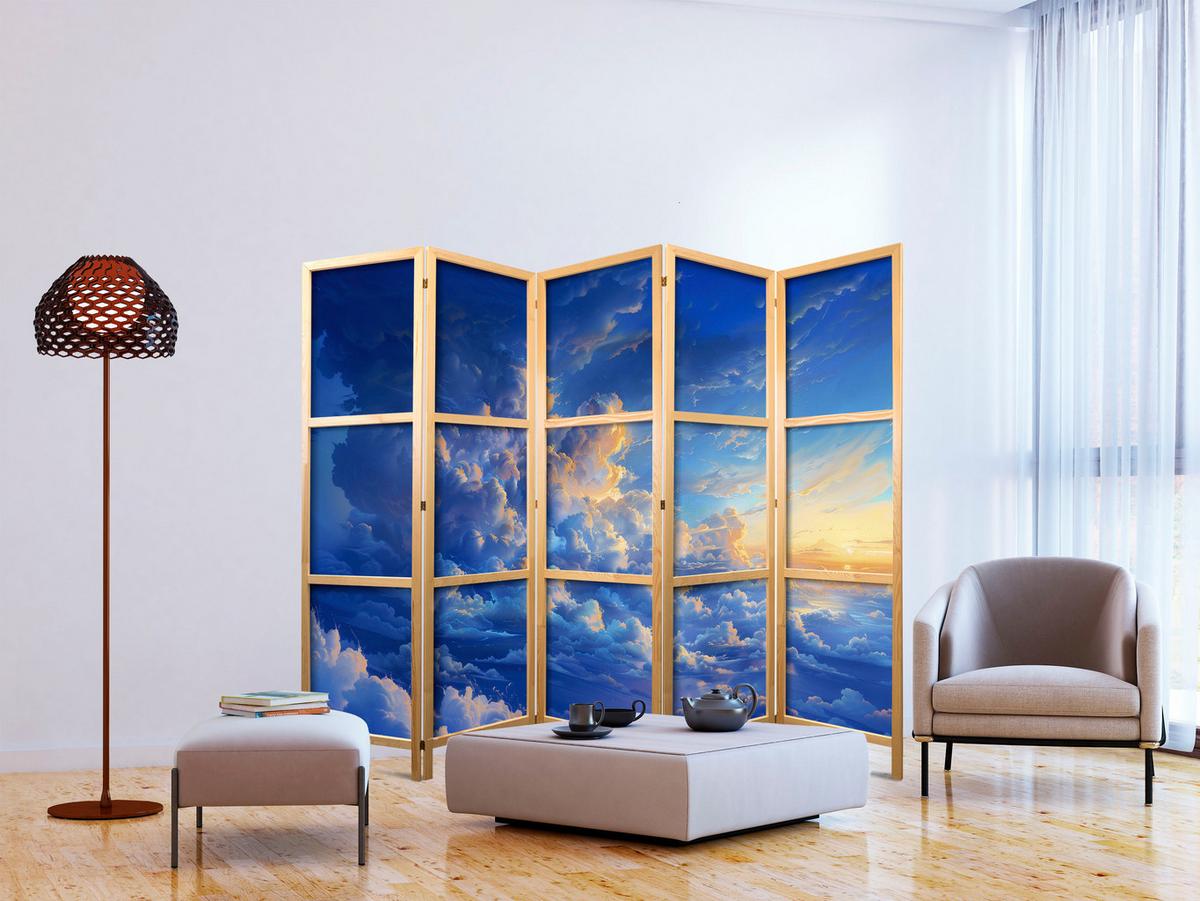 PARAVENT Japanischer 5-tlg 225x172 cm Blaue Wolken - Blau, Holz/Textil (225/172/3cm) - Muralo