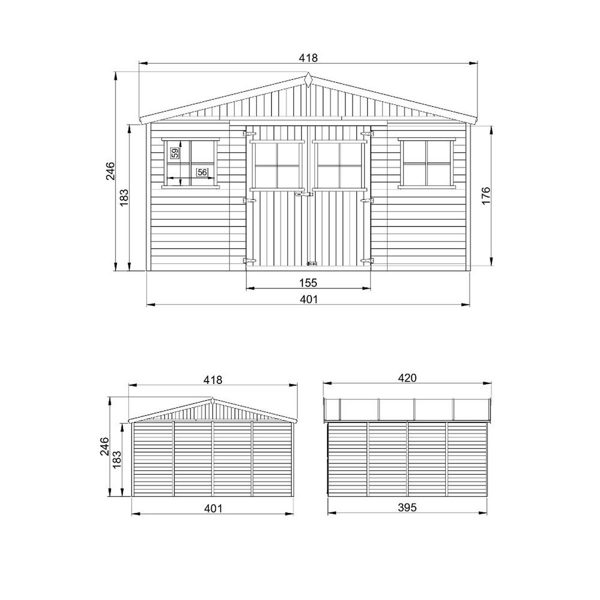 HOLZ-GARTENHAUS MIT IMPRÄGNIERTEM BODEN - H246 x 418 x 420 cm/ 16 m² - M330+330G - Beige, Holz (418/252/420cm) - Timbela