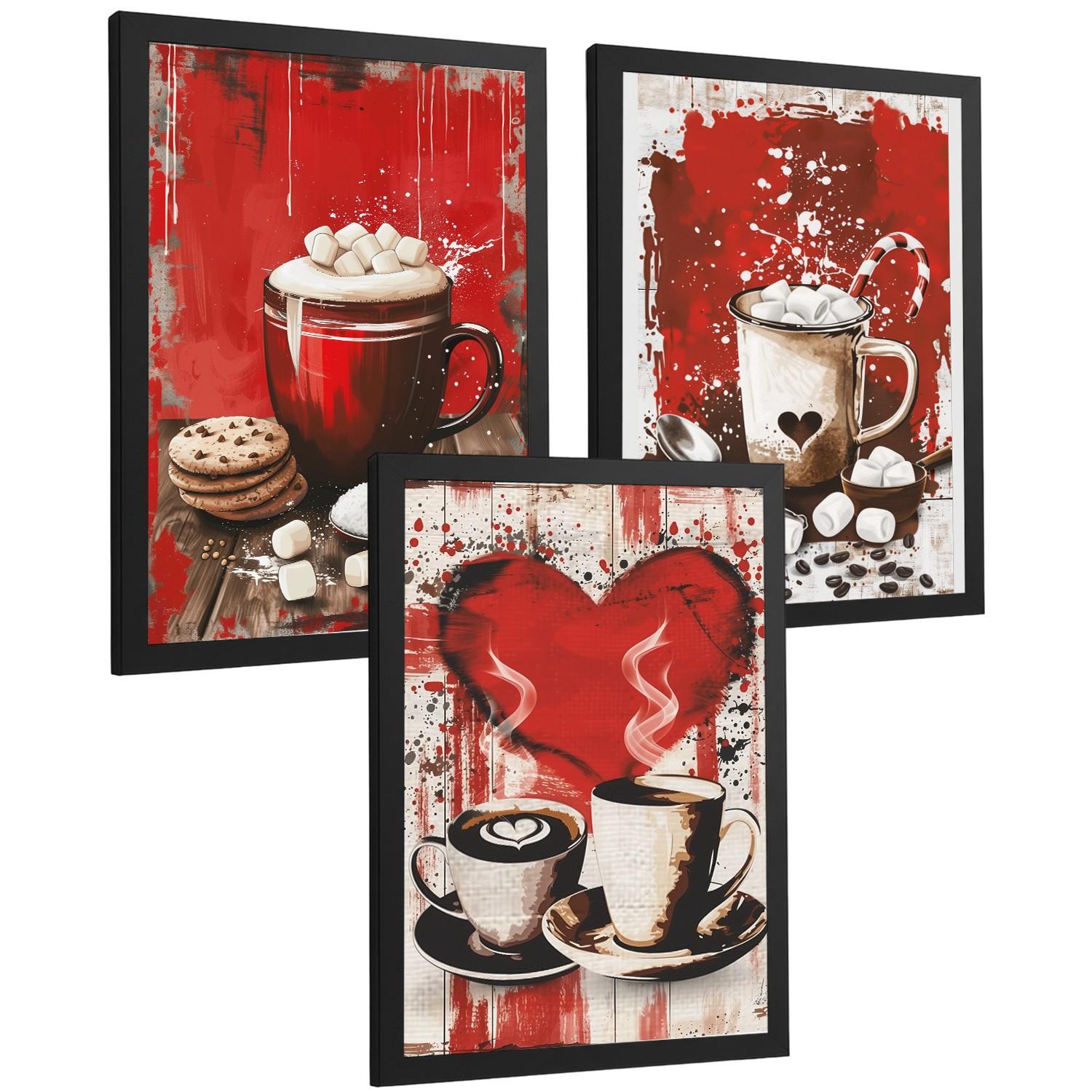 POSTER 3er Set Schokolade und Kaffee Wandbilder Marshmallows Zuckerstange Rote Pop Art Küche Wanddeko Rahmenlos A3 - Schwarz, Papier (29.7/1/42cm) - Nacnic