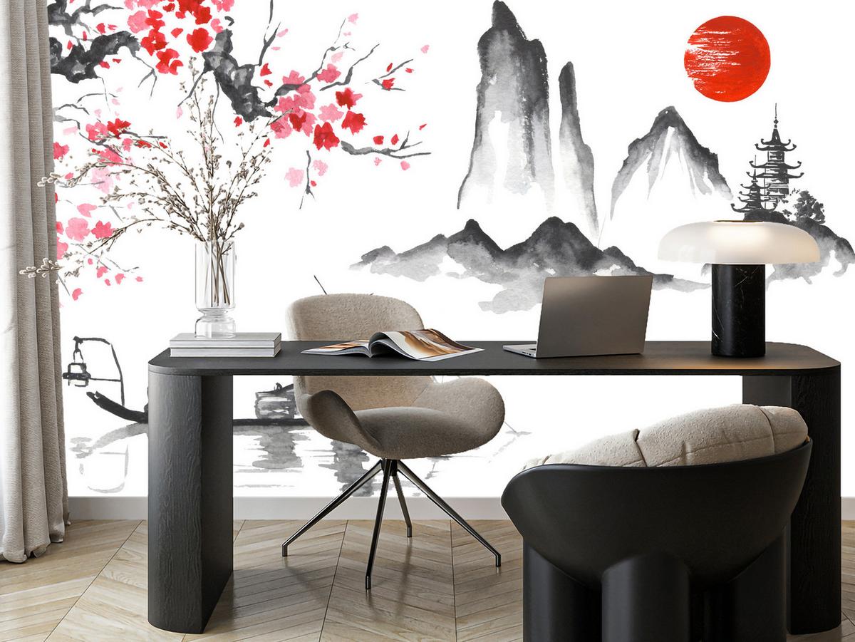 FOTOTAPETE Japanische Landschaft Aquarell 200x140 - Rot/Schwarz, Papier (200/140cm) - Muralo
