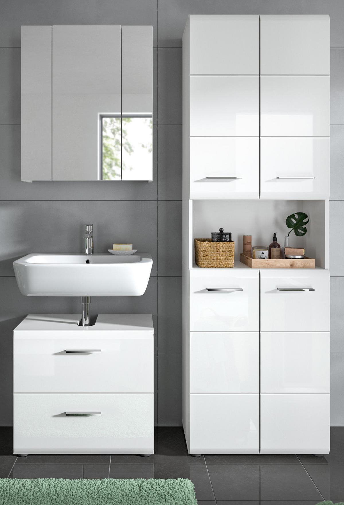 BADMÖBEL-SET 3-teilig weiß Hochglanz, Badkombination mit großem Badschrank - Weiß Hochglanz/Silberfarben, Glas/Holzwerkstoff (135/185/30cm) - Inn.Furn