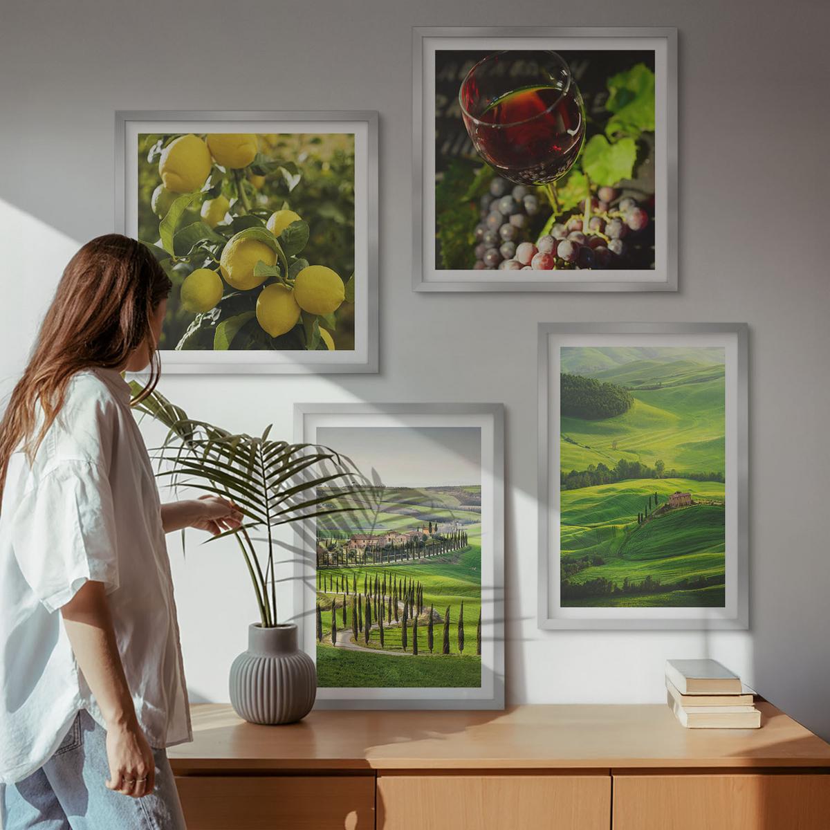 BILDER SET 4er Set - 50x50 cm & 40x60 cm Silberner Rahmen - Italienische Landschaften, Zitrushügel - Silberfarben, Kunststoff (50/50cm) - TULUP