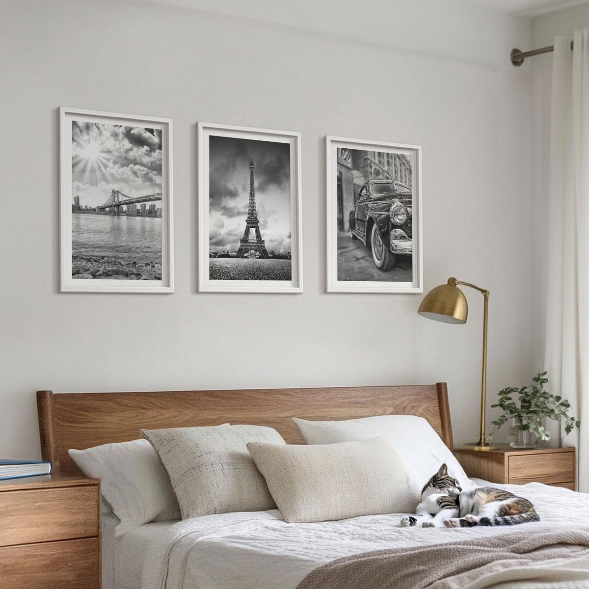 BILDER SET 3er Set - 40x60 cm Weißer Rahmen - Stadtansichten, Brücken, Eiffelturm - Weiß, Kunststoff (40/60cm) - TULUP