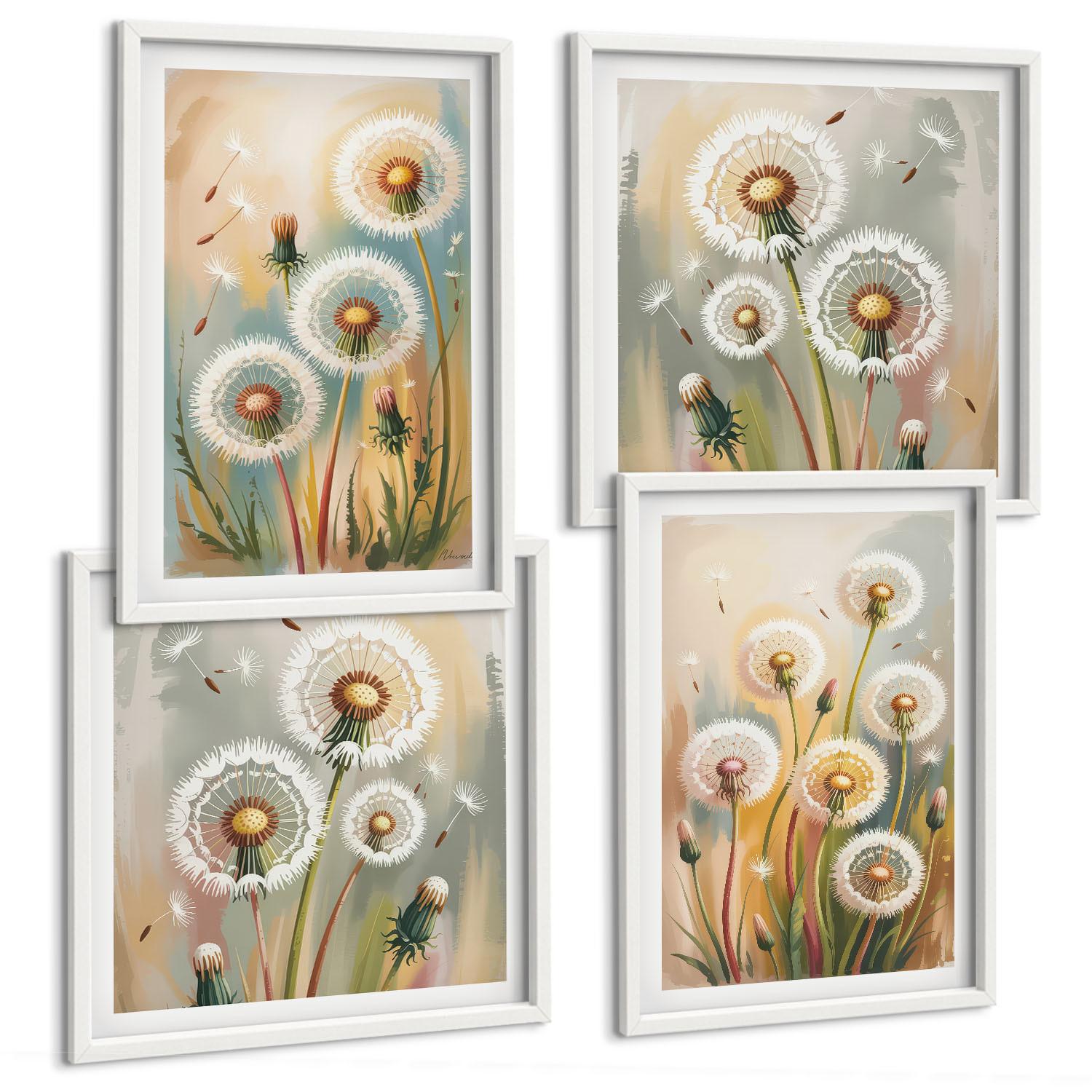 BILDER SET 4er Set - 50x50 cm & 40x60 cm Weißer Rahmen - Löwenzahnblüten, pastellfarbene Gräser - Weiß, Kunststoff (50/50cm) - TULUP
