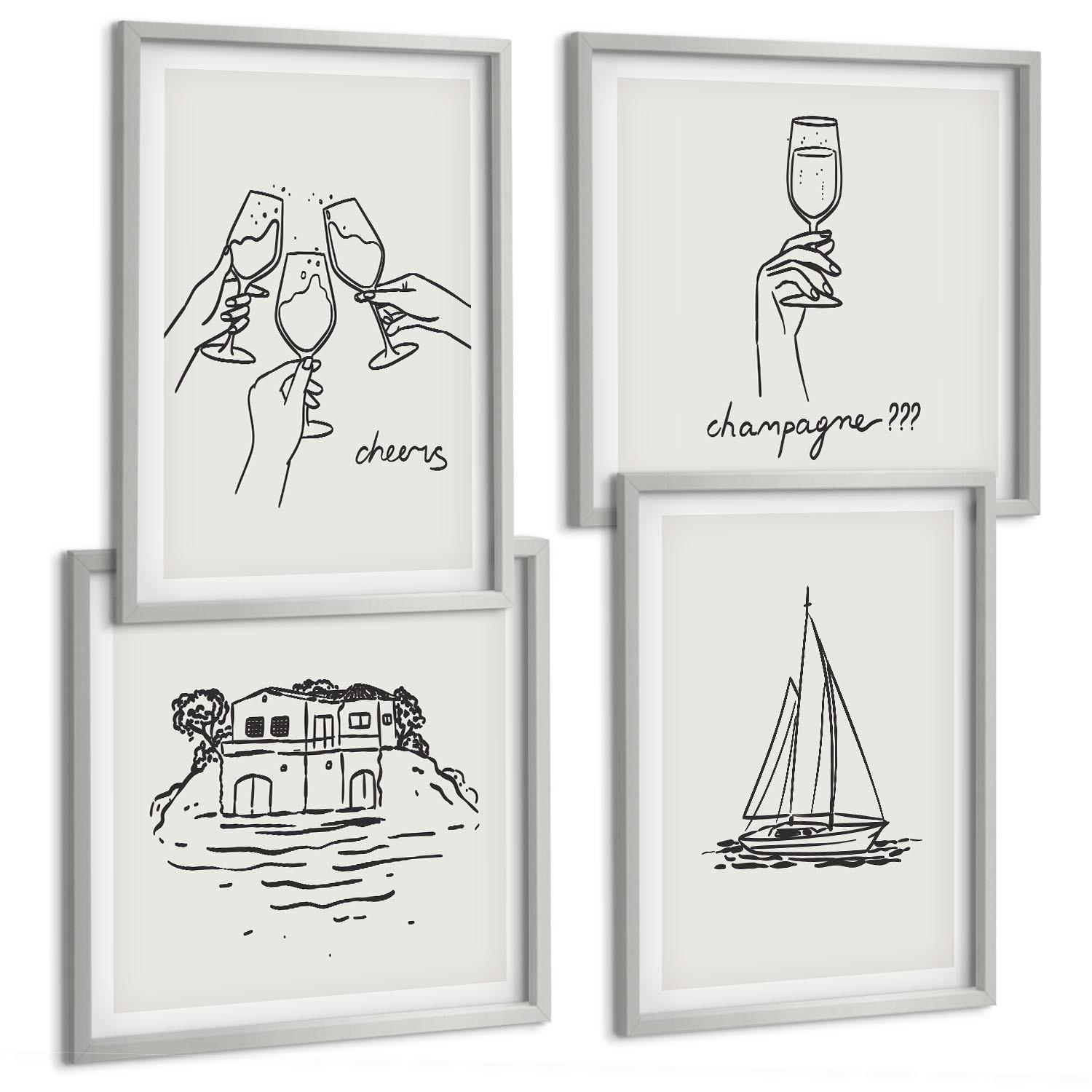 BILDER SET 4er Set - 50x50 cm & 40x60 cm Silberner Rahmen - Haus am Wasser, Toastsegelboot - Silberfarben, Kunststoff (50/50cm) - TULUP
