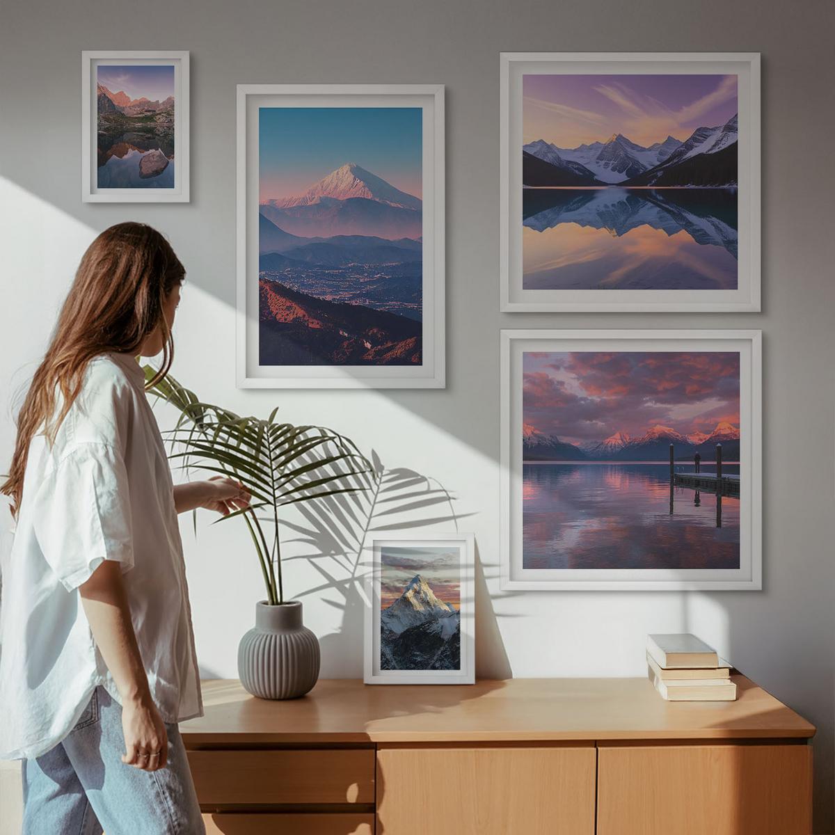 BILDER SET 5er Set - 50x50 cm & 20x30 cm & 40x60 cm Weißer Rahmen - Nachtstadt mit Neonlichtern - Weiß, Kunststoff (40/60cm) - TULUP