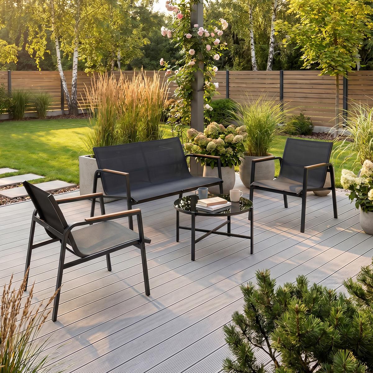 GARTENSET Thaiti, 2-Sitzer-Sofa + 2 Sessel + Couchtisch, Polywood-Armlehnen, Schwarz - Schwarz, Metall - Beautysofa