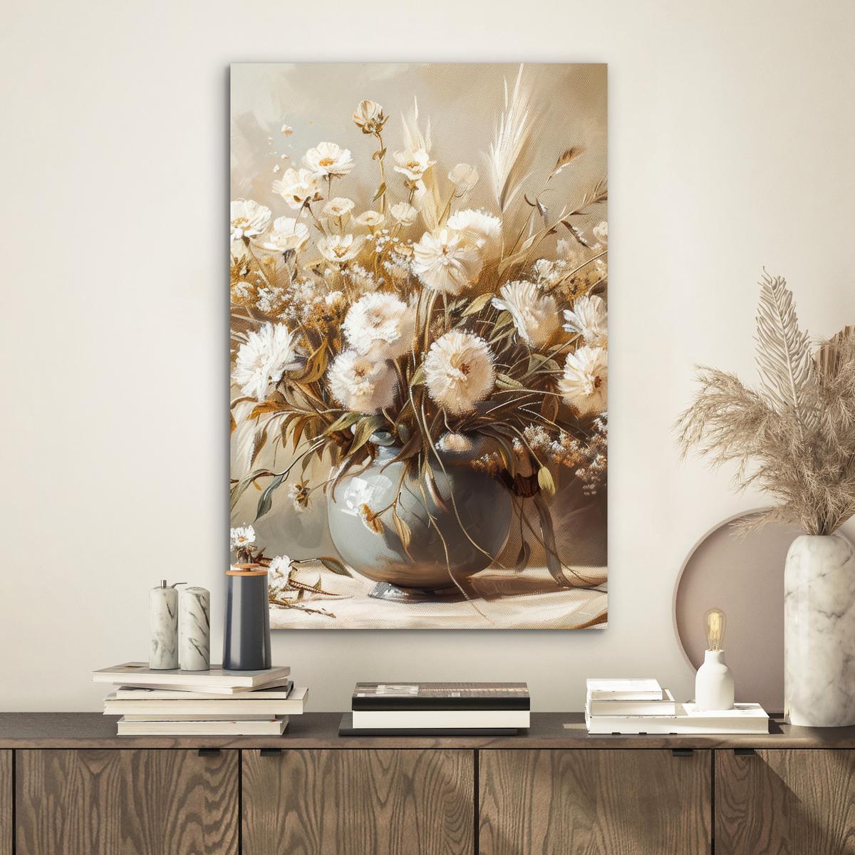 METALLBILD Blumen - Vase - Stilleben - Beige Deko Schlafzimmer 40x60 cm - Creme, Metall (40/60cm) - MuchoWow
