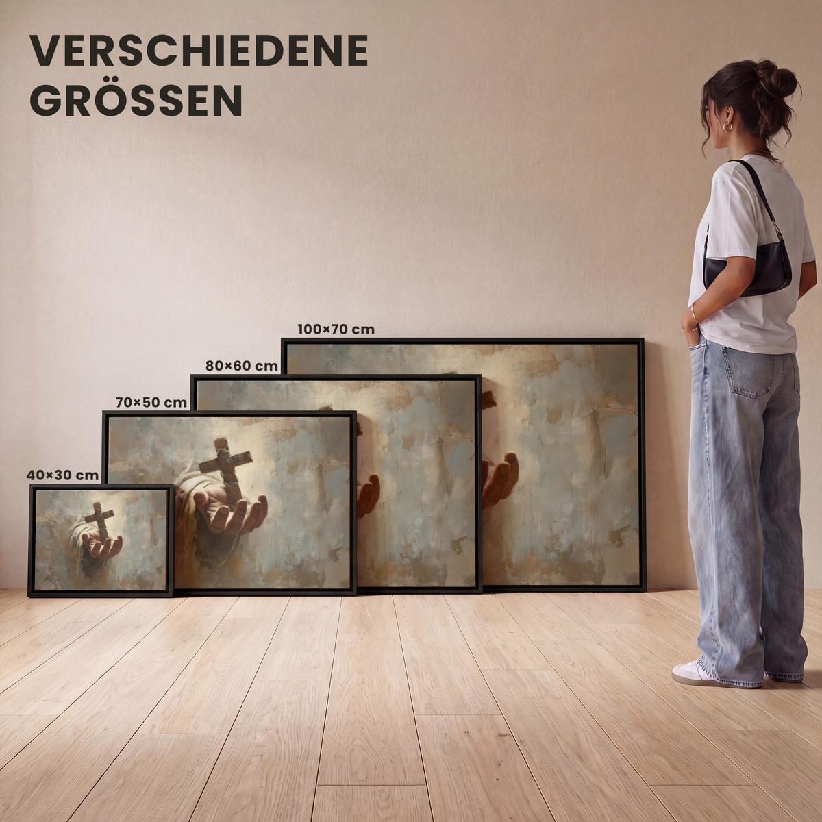 LEINWAND Bilder mit Rahmen - Abstrakt - Kreuz - Hand - Christentum - 80x60 - Hellbraun, Textil (80/60cm) - MuchoWow