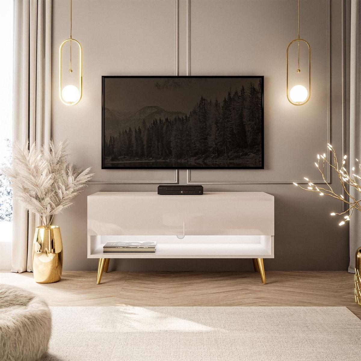 LOWBOARD TV-Schrank CALANTE 90 cm auf schrägen goldenen Chrom-Beinen - Beige/Goldfarben, Holzwerkstoff/Metall (90/43/35cm) - Lookway