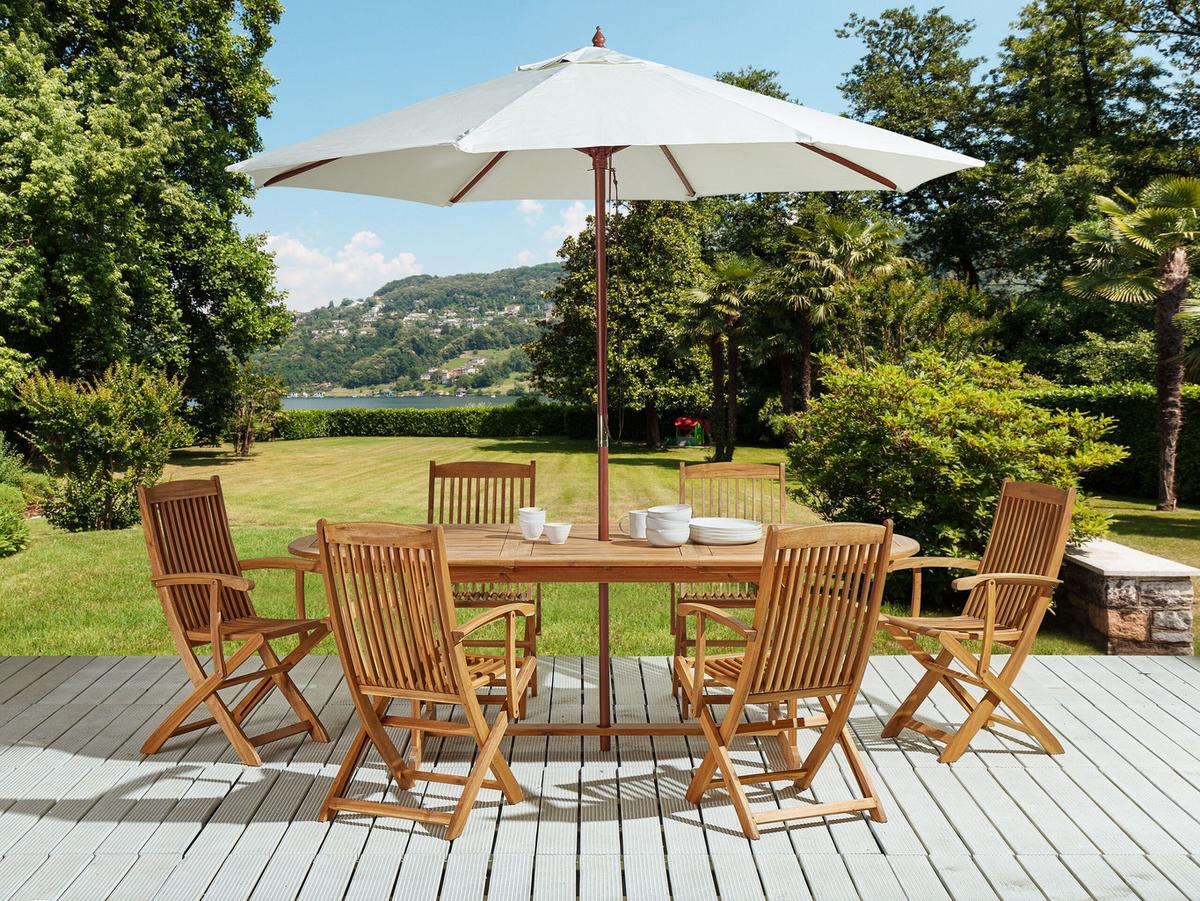 GARTENMÖBEL SET 6-Sitzer mit Sonnenschirm Akazienholz hellbraun Maui - Hellbraun/Beige, Holz - Beliani