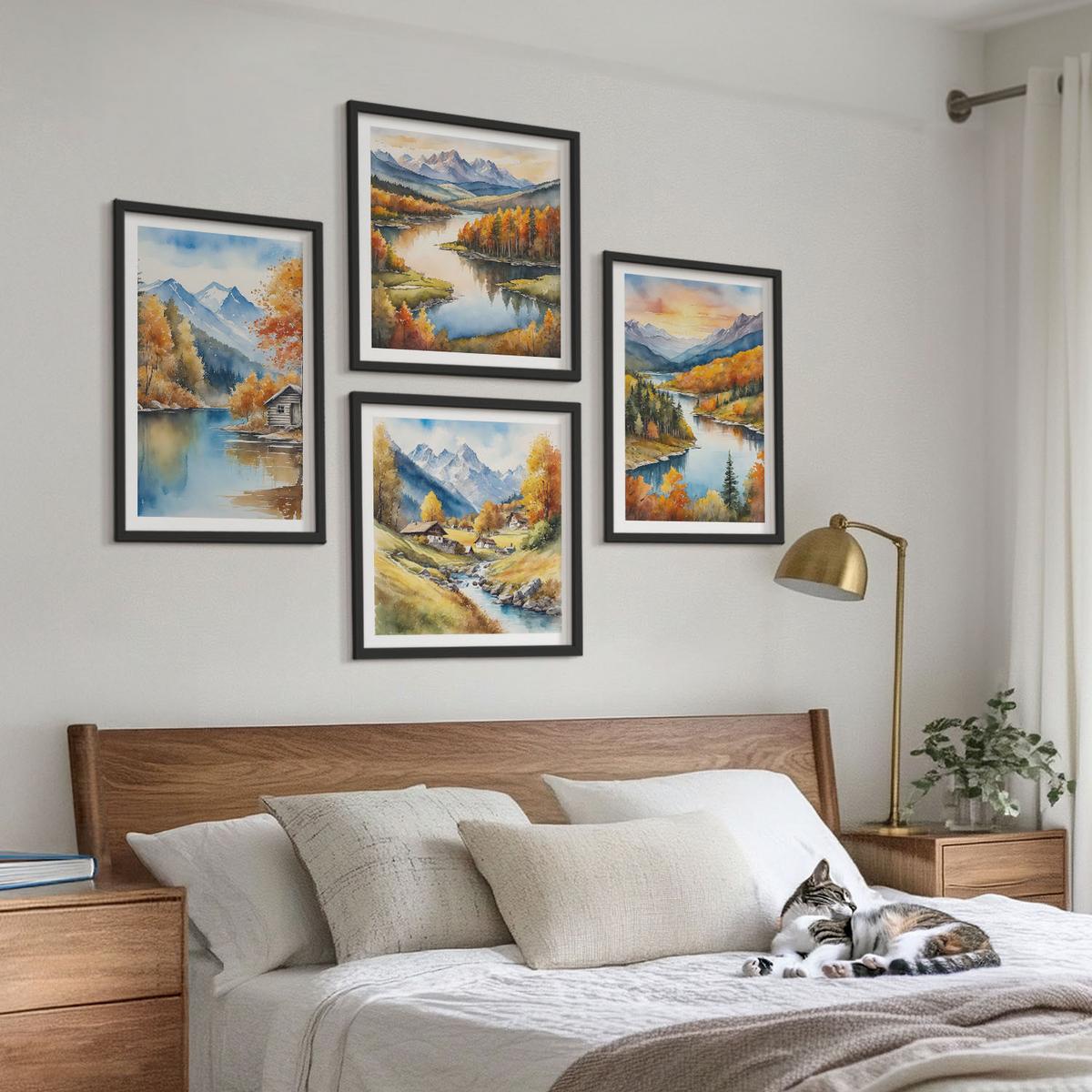 BILDER SET 4er Set - 50x50 cm & 40x60 cm Schwarzer Rahmen - Herbstliche Berge, Flusshütte - Schwarz, Kunststoff (50/50cm) - TULUP