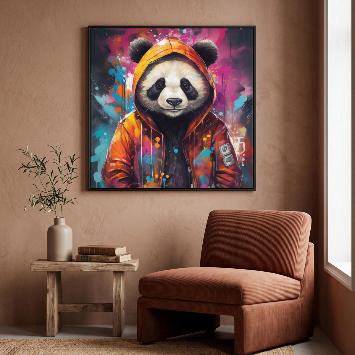 LEINWAND Bilder mit Rahmen - Panda - Jacke - Graffiti - Orange - 90x90 - Orange, Textil (90/90cm) - MuchoWow