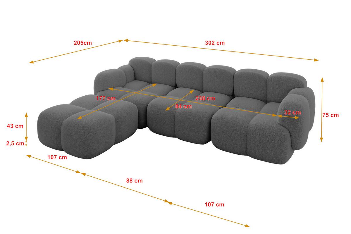 ECKSOFA modulares Sofa Links Miko-L2 302x205x75 Grau Bouclé - Chromfarben/Schwarz, Holzwerkstoff/Kunststoff (302/205cm) - ALTDECOR