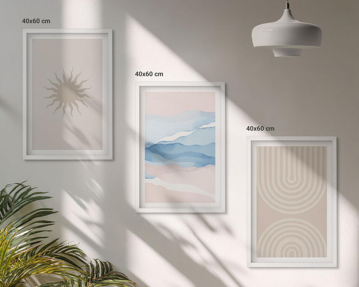 BILDER SET 3er Set - 40x60 cm Weißer Rahmen - Sonnenwellen abstrakte Linien Pastell - Weiß, Kunststoff (40/60cm) - TULUP