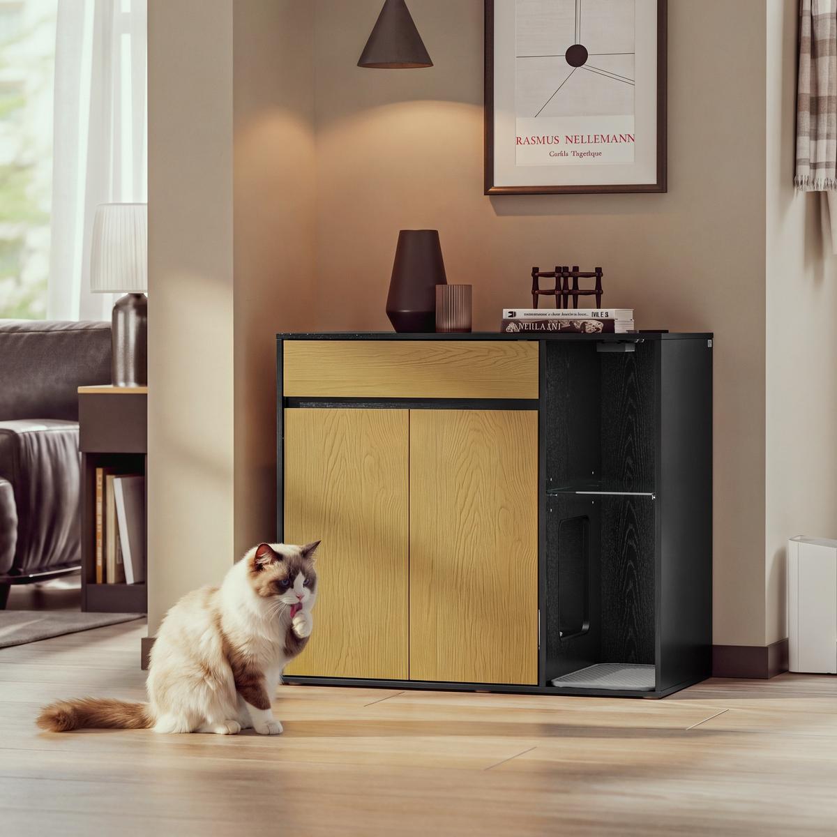 KATZENKLO-SCHRANK mit Aufbewahrung und integrierter Katzentoilette HAT08-E-SCH - Ahornfarben/Schwarz, Kunststoff/Fell (45/75/85cm) - SoBuy