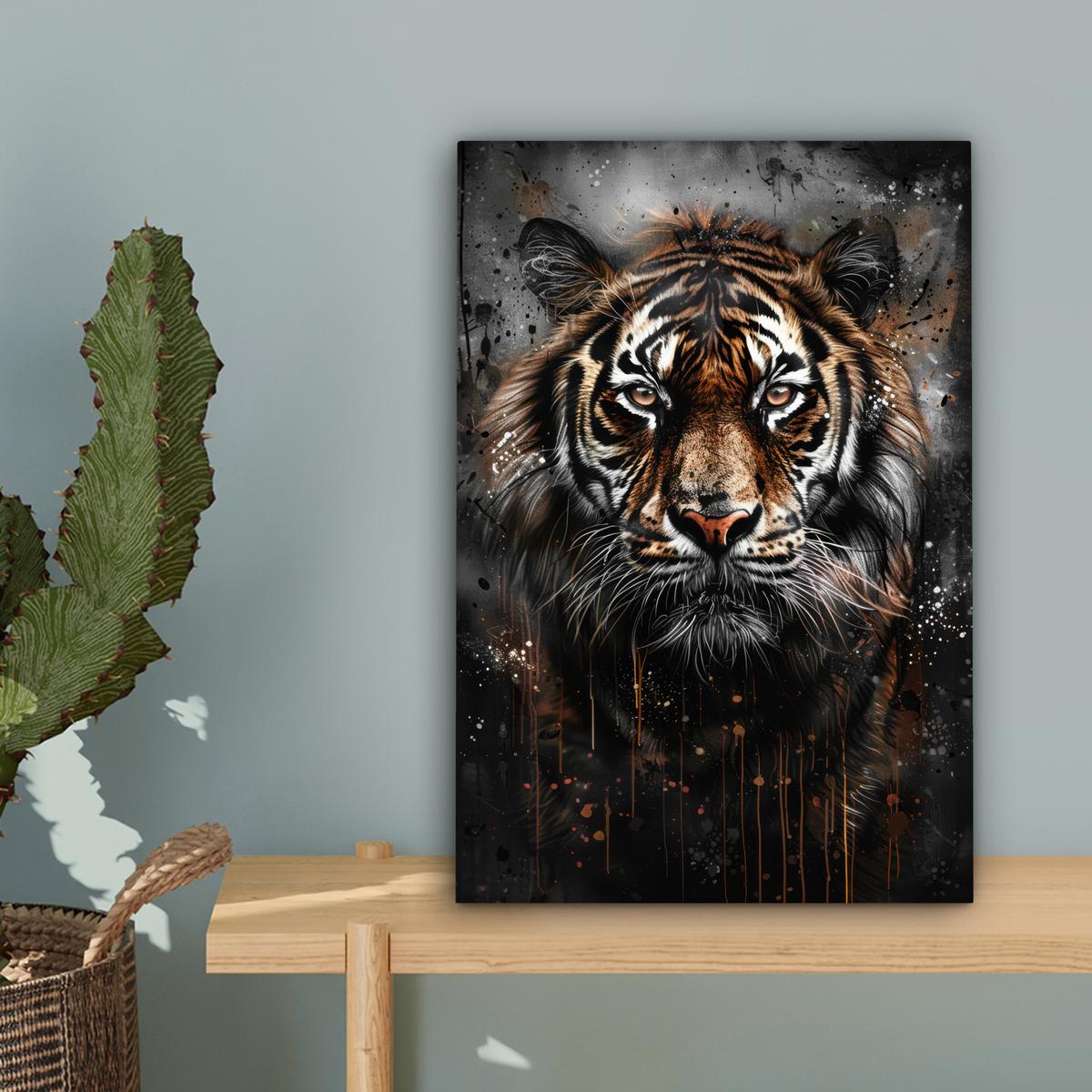 LEINWANDBILD Tiger - Tiere - Porträt - Luxus - Schwarz Deko Wohnzimmer 20x30 cm - Anthrazit, Textil (20/30cm) - MuchoWow
