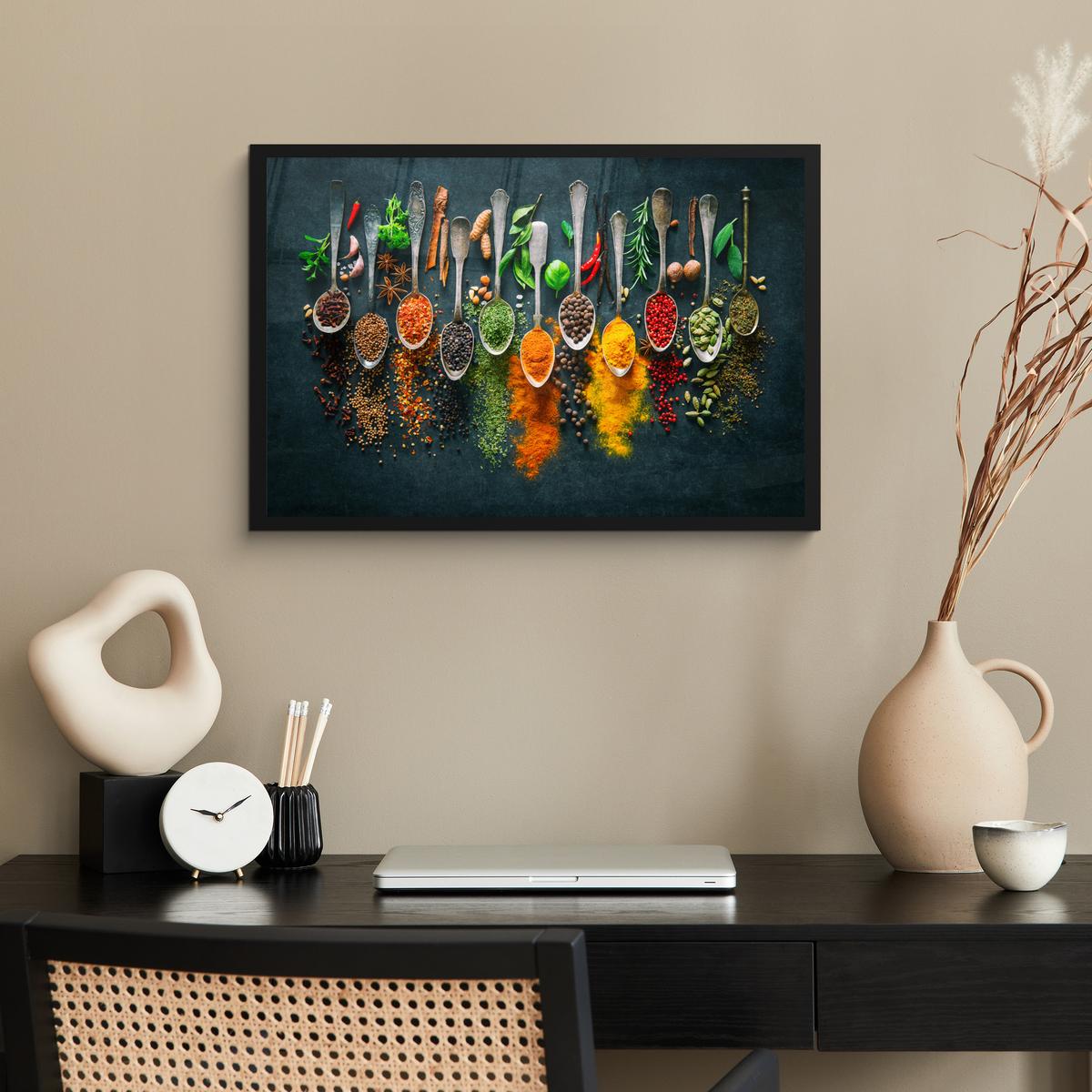 POSTER MIT RAHMENGERAHMTES BILD Kräuter - Gewürze - Löffel 60x40 cm - Currygelb, Papier (60/40cm) - MuchoWow