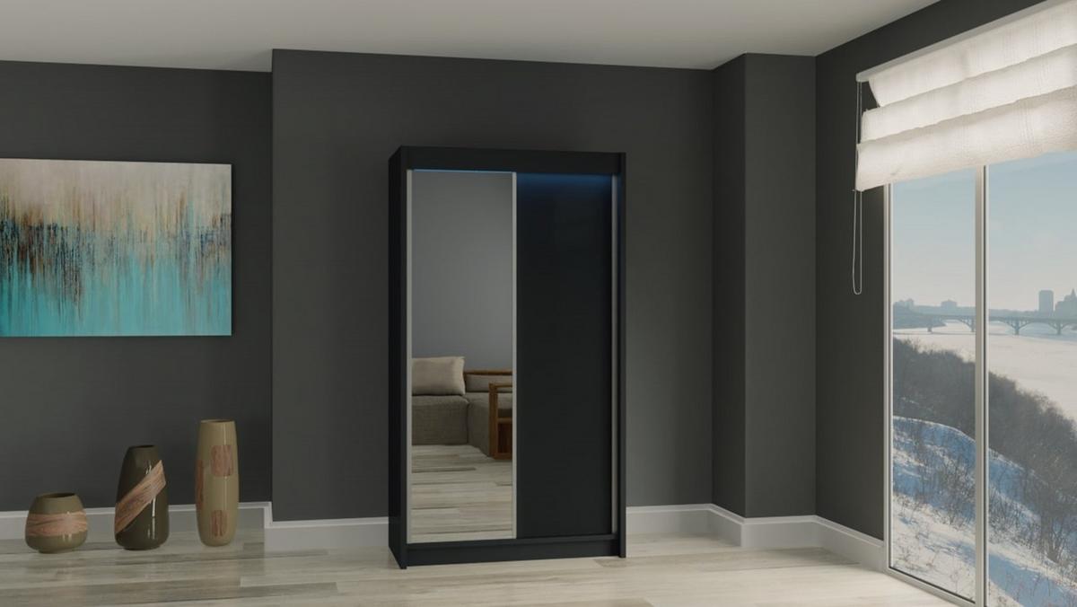 KLEIDERSCHRANK mit Spiegel-Schiebetüren und Aluminium-Leisten - PARTI - 120 cm Schwarz - Schwarz, Holzwerkstoff (120/216/61cm) - ALTDECOR