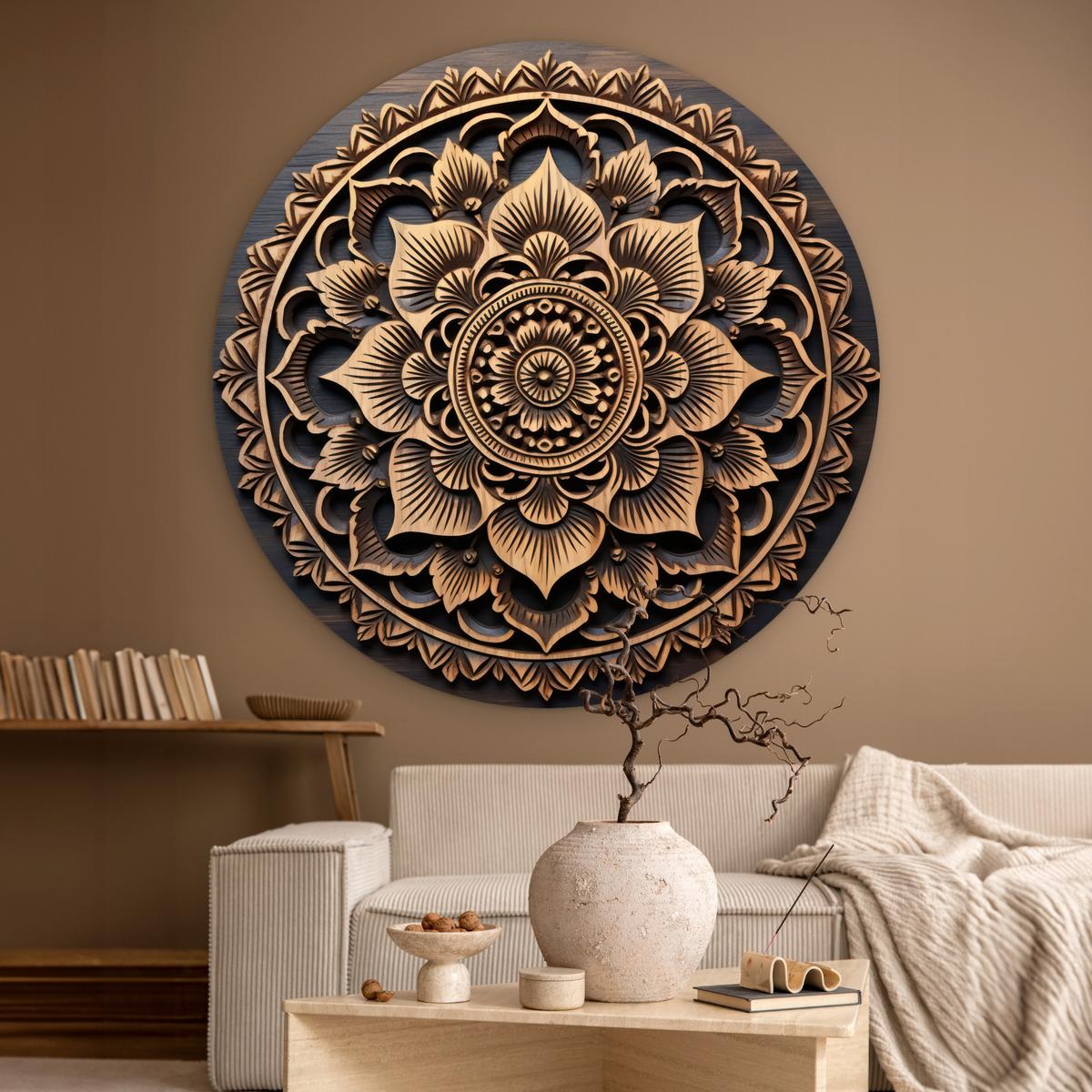 WANDBILD Mandala - Holz - Blumen - Braun Deko Groß 150x150 cm - Gelb, Kunststoff (150/150cm) - MuchoWow