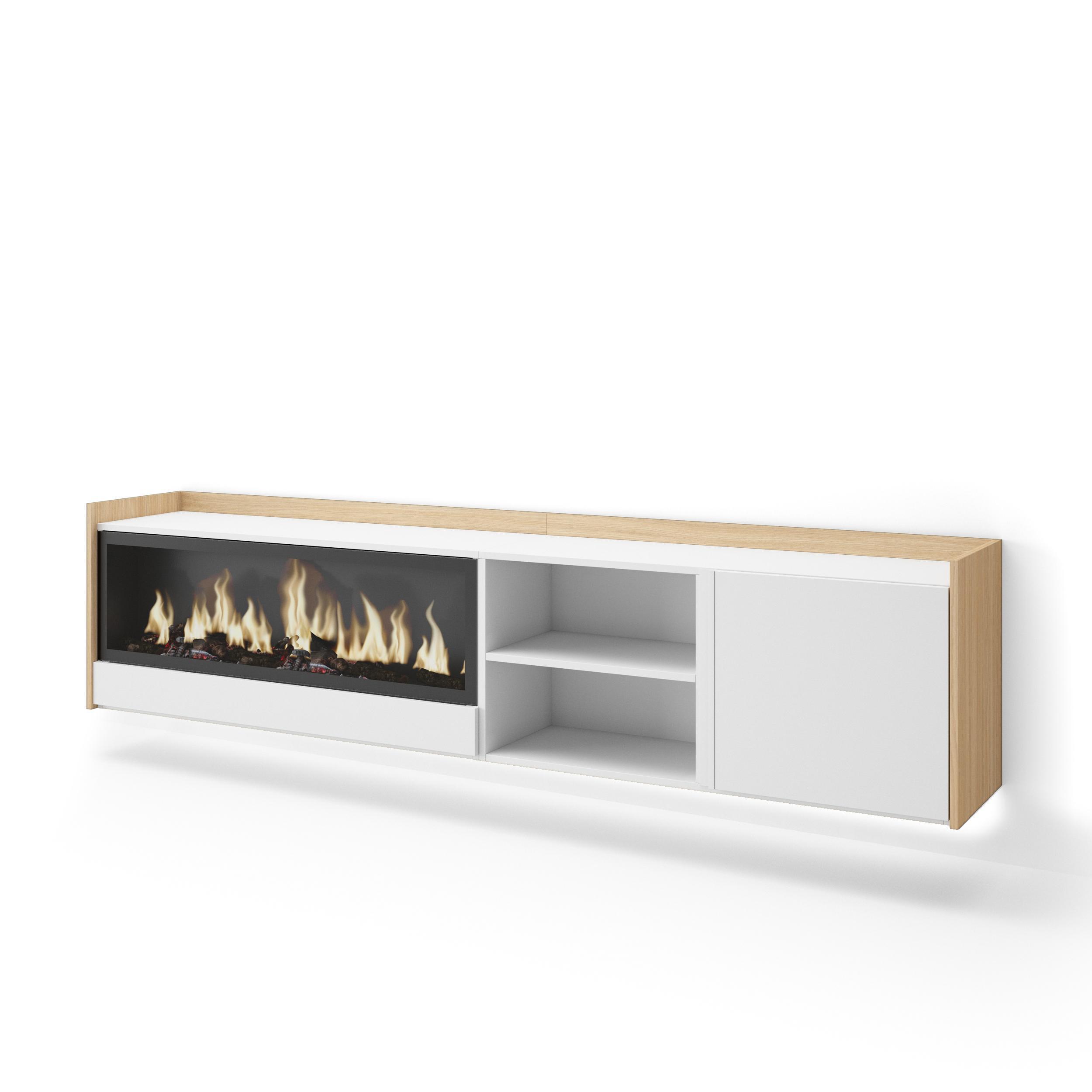 LOWBOARD, Weiß und Eiche, 212/35/50cm, Kamin mit Feuereffekt XXL - Weiß, Holzwerkstoff (212/50/35cm) - Skraut Home