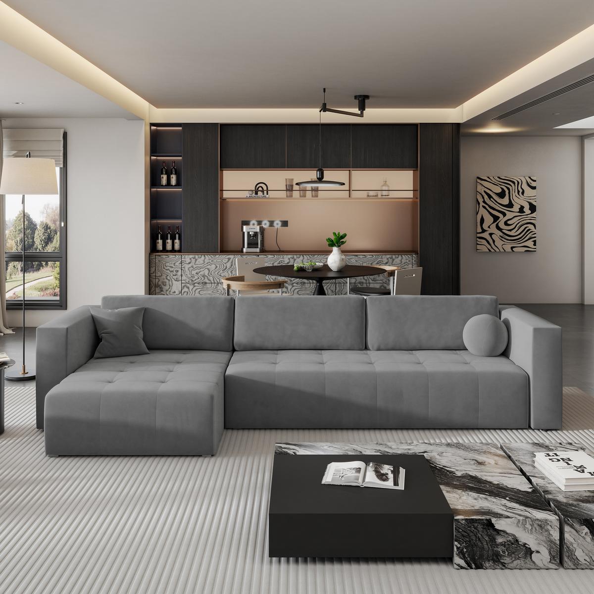 ECKSOFA OLVERA Grau Plüsch-Stoff mit Schlaffunktion - Grau, Holz (347/148cm) - MASSENO