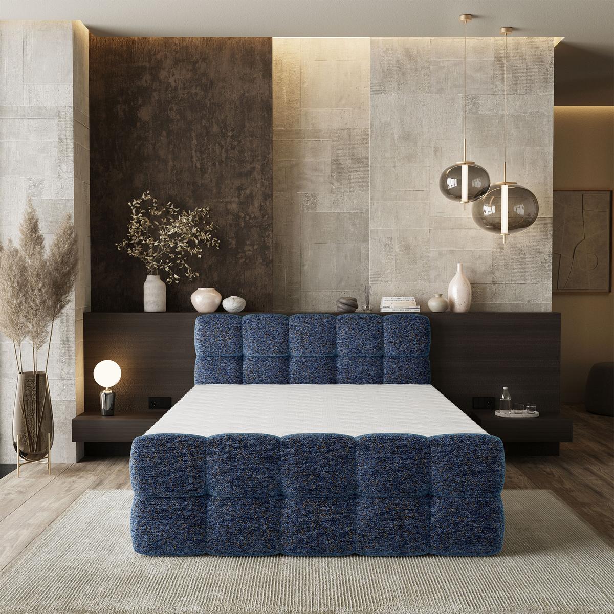 BOXBETT BRUME 180x200 cm mit Matratze und Topper, H2+H3 - Blau - Blau, Holz (180/200cm) - MASSENO