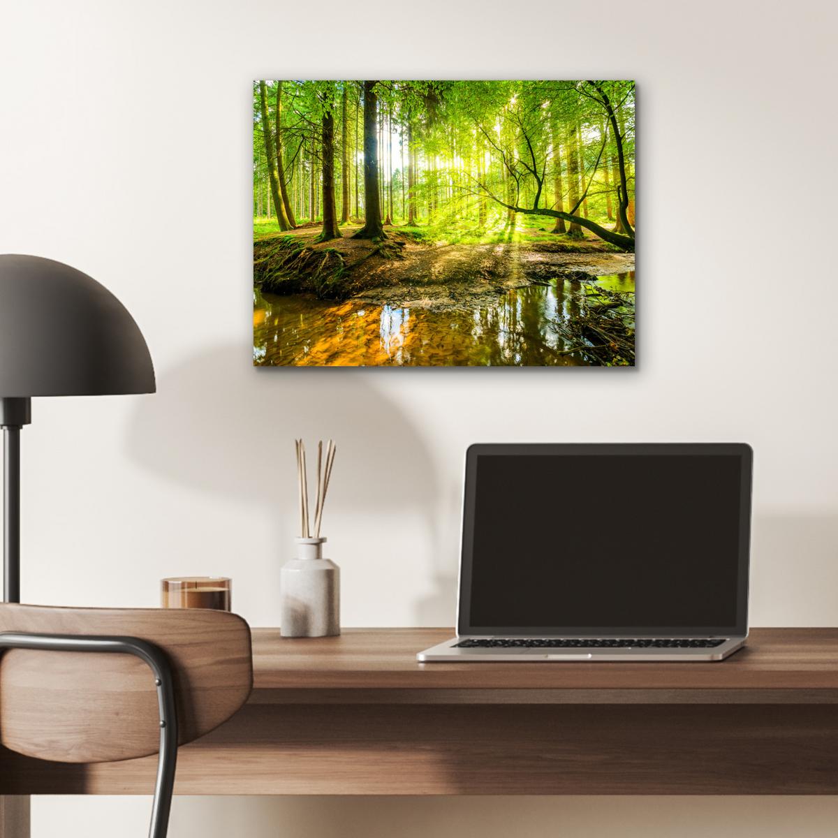 METALLBILD Wald - Landschaft - Wasser - Bäume - Sonne - Grün - Natur 40x30 cm - Grün, Metall (40/30cm) - MuchoWow