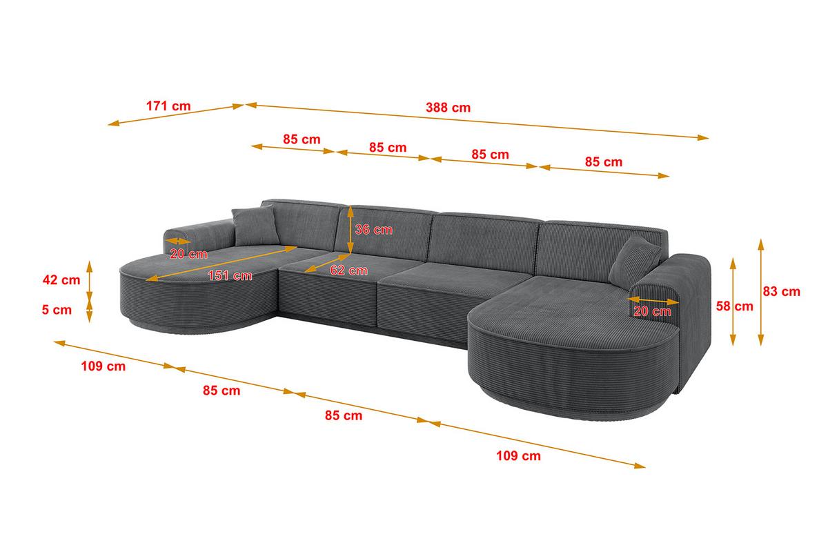 WOHNLANDSCHAFT MARI-U2-v3 - 388x171x83 cm Dunkelgrau Cord - Dunkelgrau/Schwarz, Holzwerkstoff/Kunststoff (388/83/171cm) - ALTDECOR