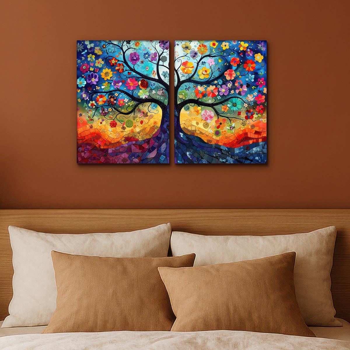 LEINWANDBILD 2er Set Bunt - Baum des Lebens - Blumen - Abstrakt 60x40 cm - Blau, Textil (60/40cm) - MuchoWow