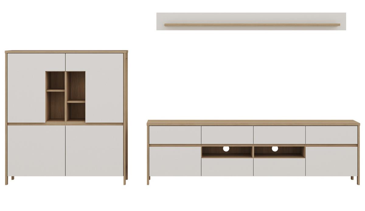 WOHNWAND weiß und Eiche Wohnkombination skandinavisch 3-teilig 319 cm, Soft-Close, Finnes - Eichefarben/Weiß, Glas/Holzwerkstoff (319/170/39cm) - Furn.Design