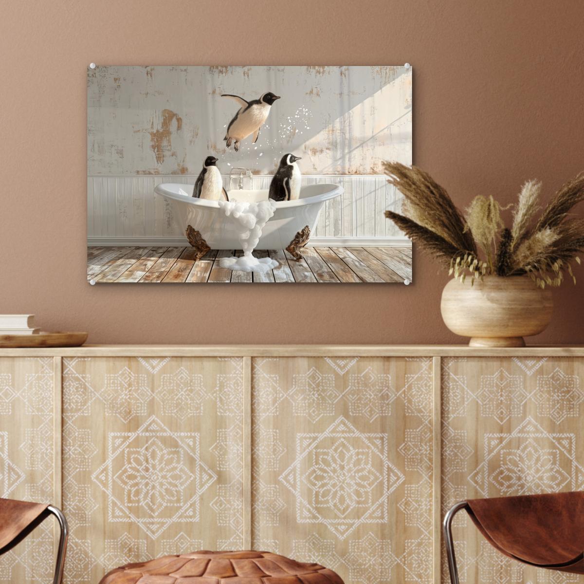ACRYLGLASBILD Vintage - Pinguin - Badewanne - Schaumstoff Wanddeko 60x40 cm - Schwarz, Glas (60/40cm) - MuchoWow