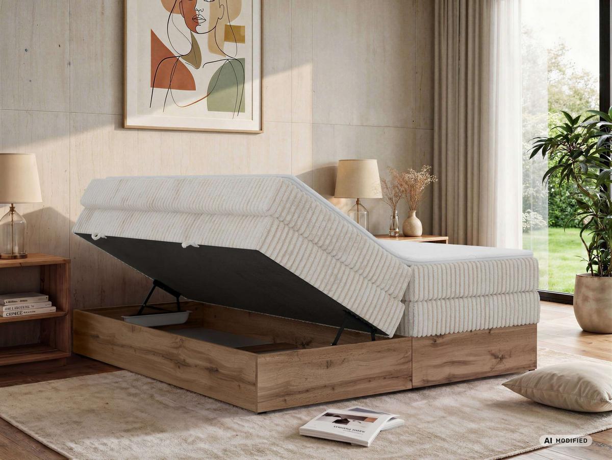BOXSPRINGBETT WOOD ZERO KING 180/200 - Beige Cord - Topper T25 - H3 - Beige/Schwarz, Kunststoff/Textil (180/200cm) - MKS