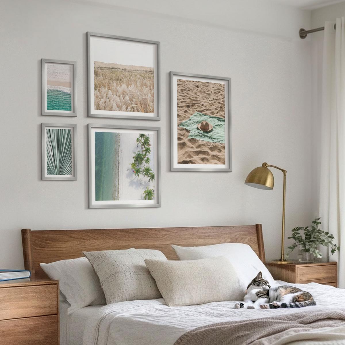 BILDER SET 5er Set - 50x50 cm & 20x30 cm & 40x60 cm Silberner Rahmen - Urlaubsblick Strand Meer - Silberfarben, Kunststoff (40/60cm) - TULUP