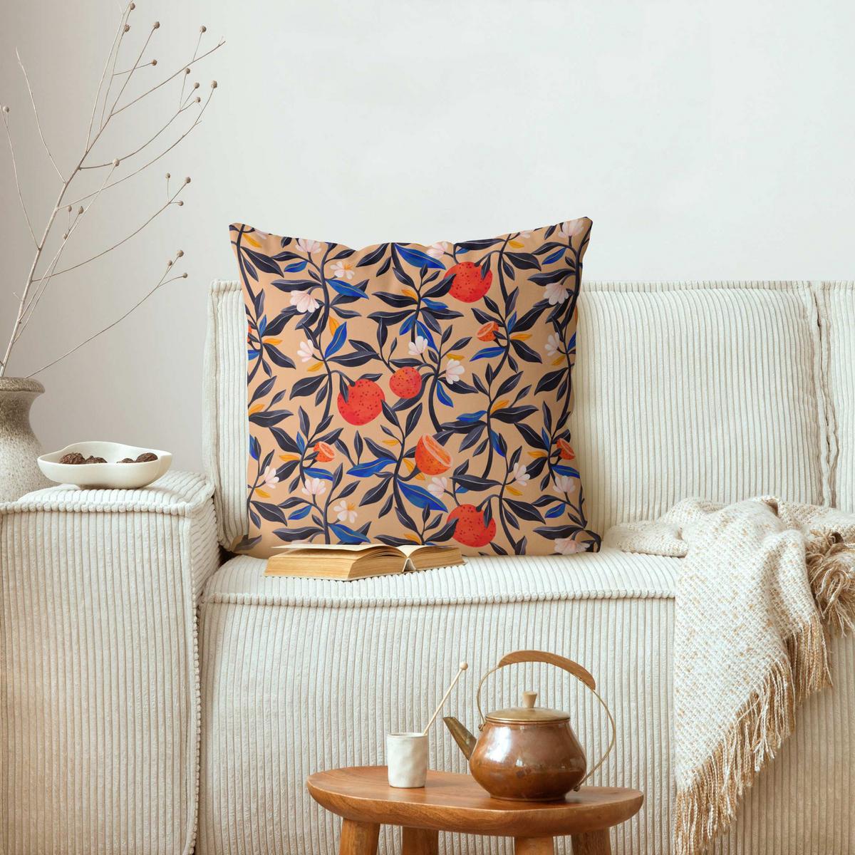 DEKOKISSEN Orangen mit Blätterranken 50/50 cm - Beige, Textil (50/50/10cm) - Bilderwelten