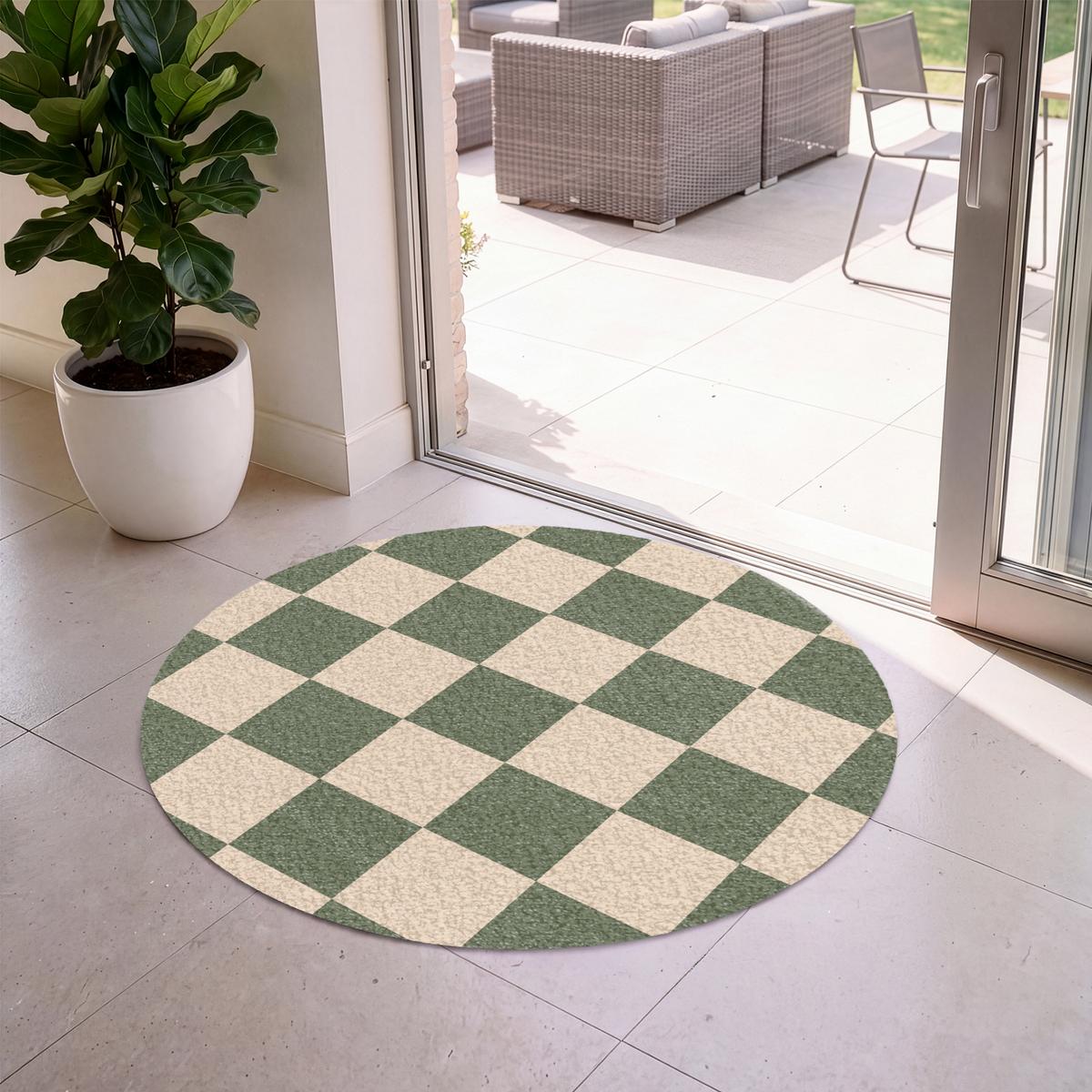 FUSSMATTE Schachbrettmuster - Grün - Beige - Blöcke Flurteppich 120x120 cm - Olivgrün, Kunststoff (120/0.4cm) - MuchoWow