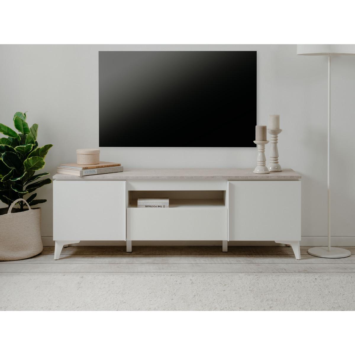 TV-MÖBEL mit 2 Türen 1 Schublade und 1 offenem Fach Dekor Travertin und Weiß 150/40/51 cm - Weiß, Holzwerkstoff (40/51/150cm) - Calicosy