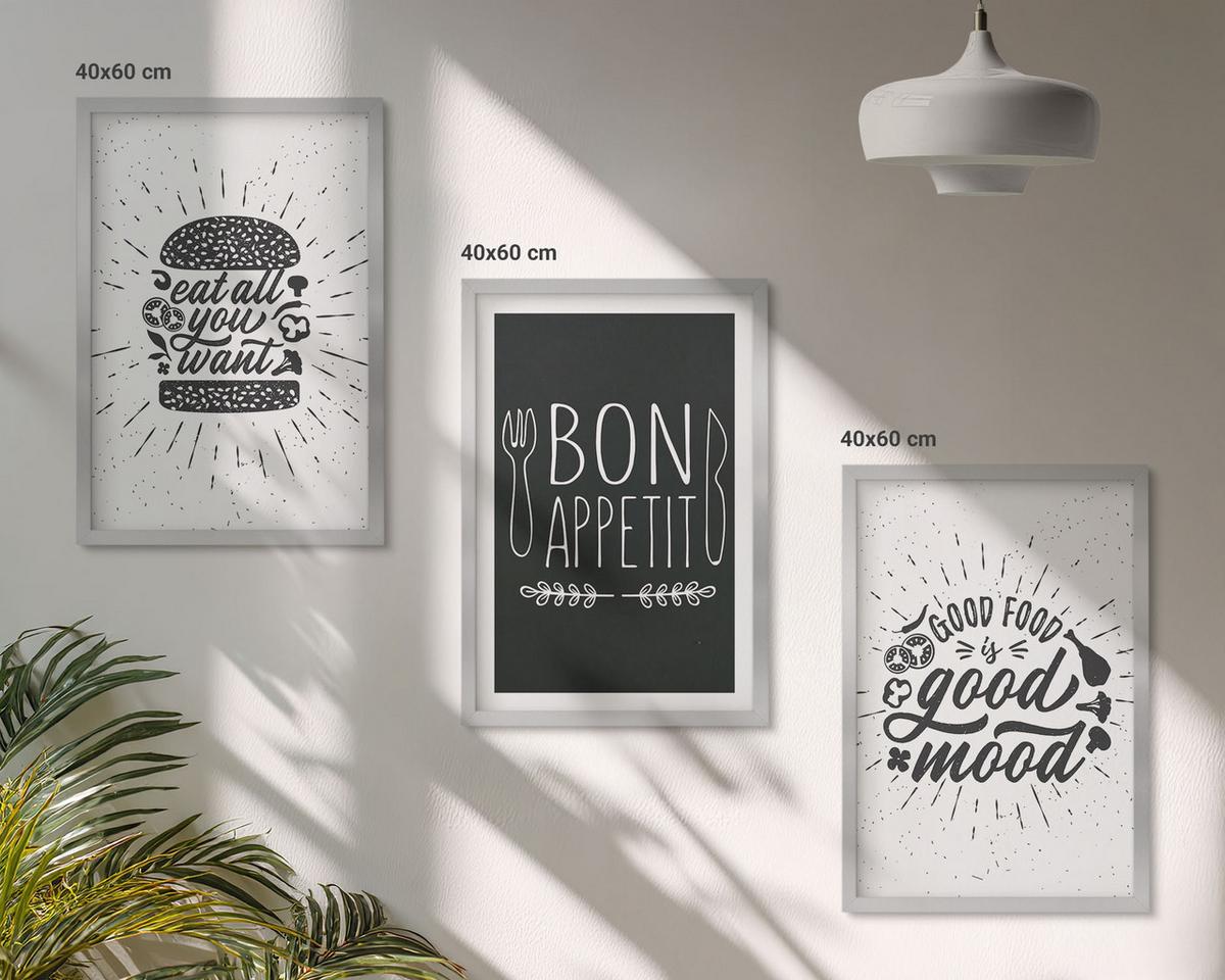 BILDER SET 3er Set - 40x60 cm Silberner Rahmen - Grafiken, Lebensmittel, kulinarische Slogans - Silberfarben, Kunststoff (40/60cm) - TULUP