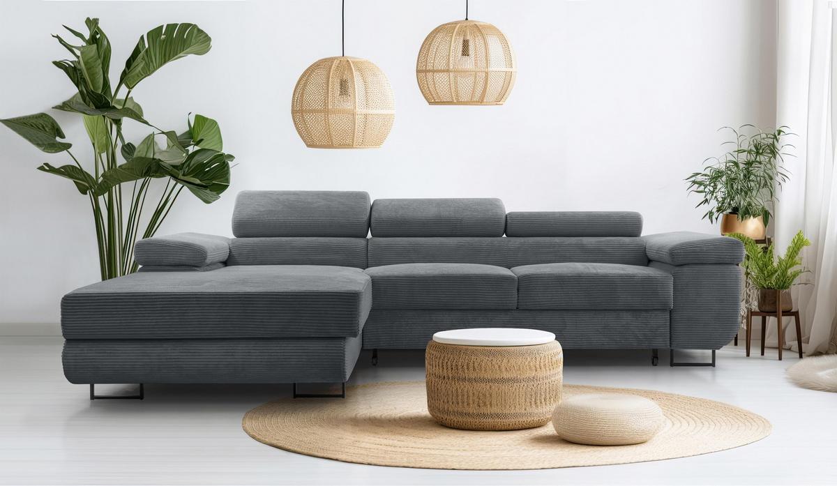 ECKSOFA L Form Arborio Dunkelgrau 280/203/90 cm Links mit Schlaffunktion - Dunkelgrau/Schwarz, Textil/Metall (203/280cm) - AX Living