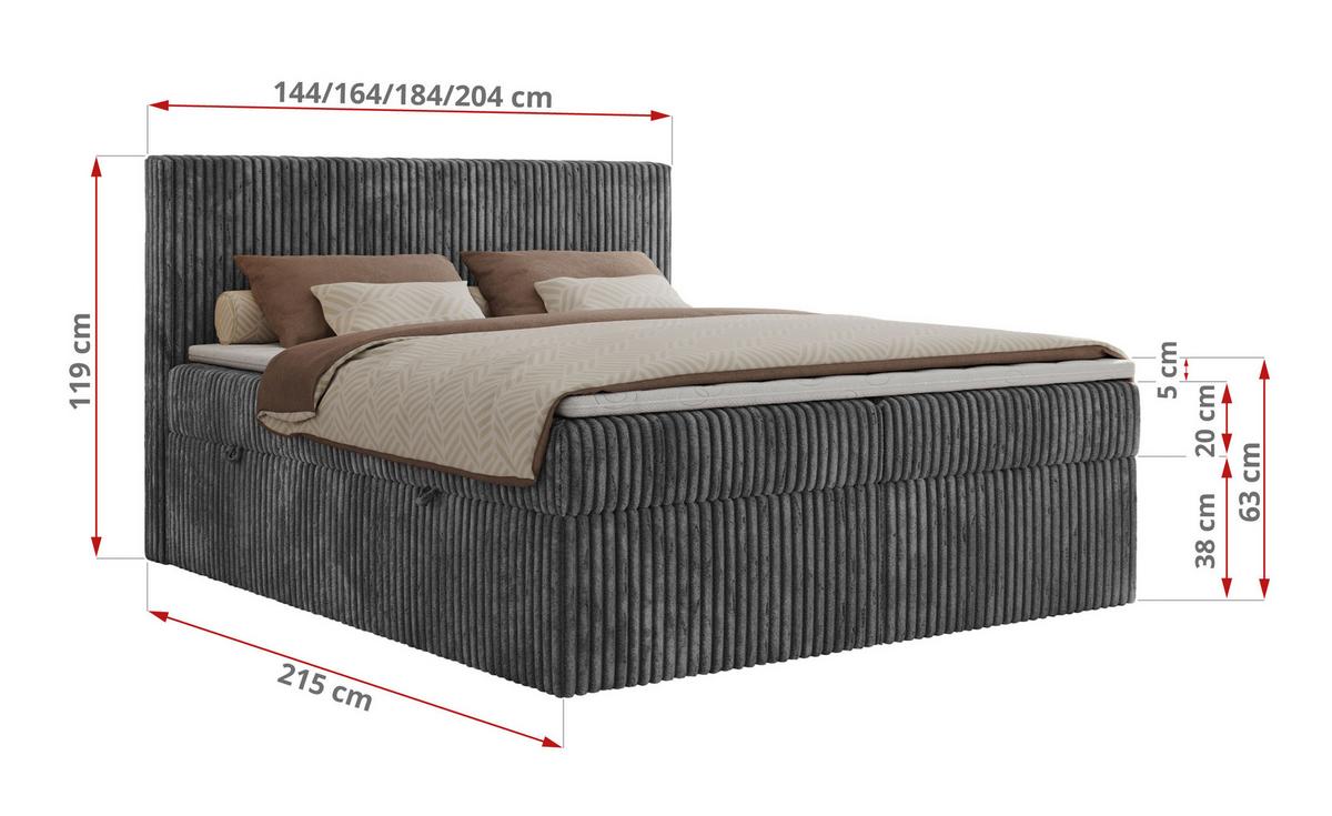 BOXBETT TILIANO 160/200 - Grau Cord - H4 - Grau, Textil (160/200cm) - MKS